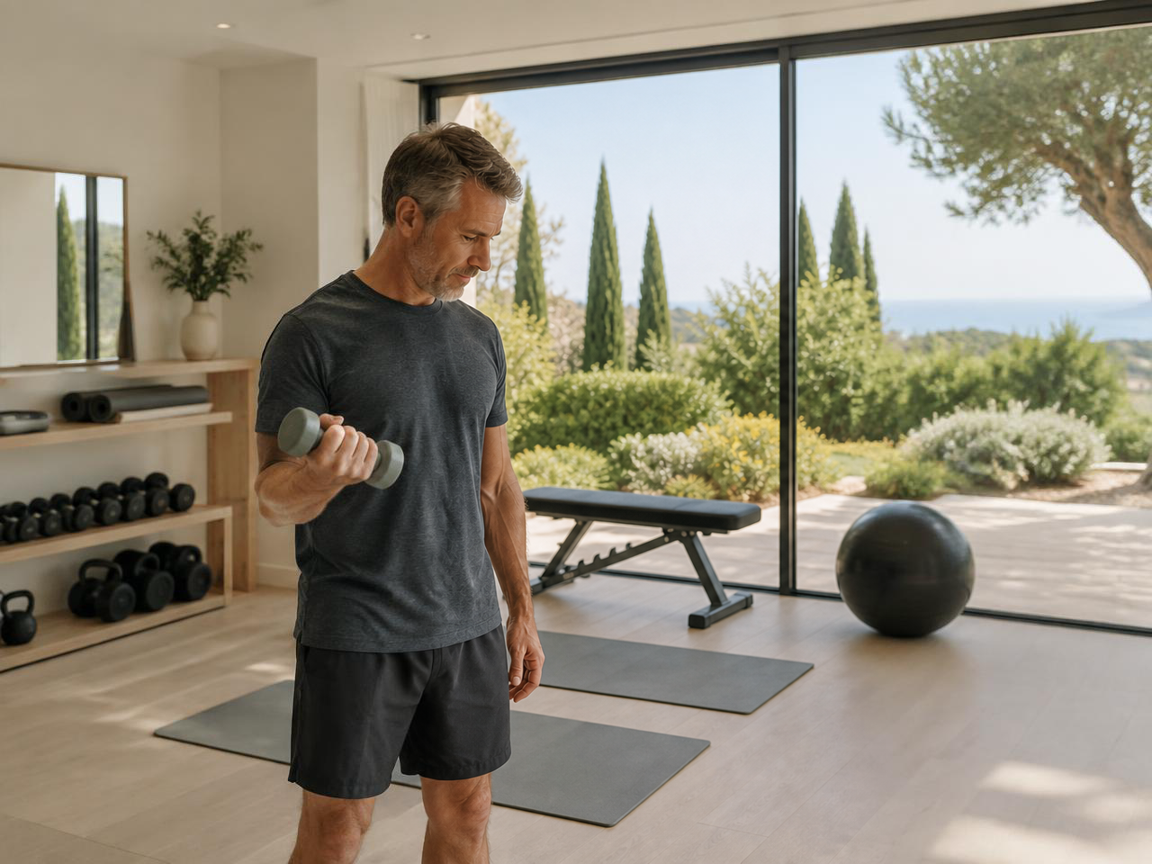 Man training with dumbbells in a private villa gym